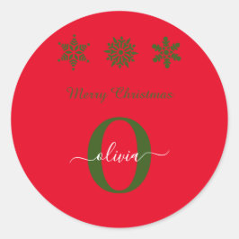 Pegatina Redonda Monograma blanco verde rojo guión Feliz Navidad
