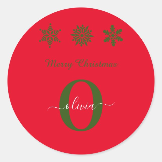 Pegatina Redonda Monograma blanco verde rojo guión Feliz Navidad (Anverso)