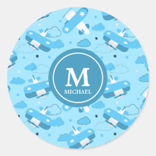 Pegatina Redonda Monograma blanco y azul y niños nubes