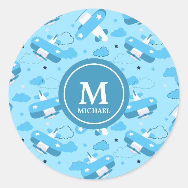 Pegatina Redonda Monograma blanco y azul y niños nubes (Anverso)