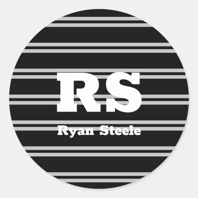 Pegatina Redonda Monograma blanco y nombre negrita, líneas grises e (Anverso)