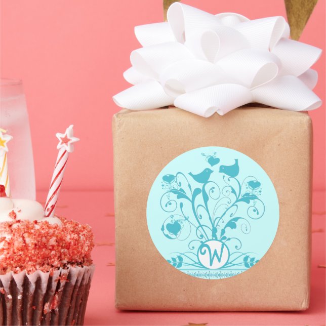 Pegatina Redonda Monograma Boda Aves Corazones Swirls Aqua Blue (Fiesta)
