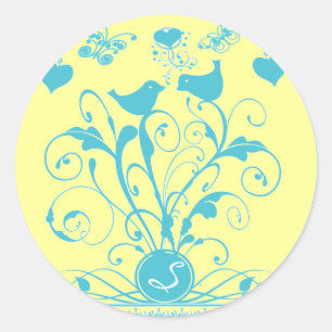 Pegatina Redonda Monograma Boda Aves Corazones Swirls Aqua Blue