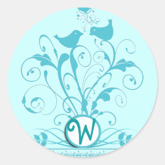 Pegatina Redonda Monograma Boda Aves Corazones Swirls Aqua Blue
