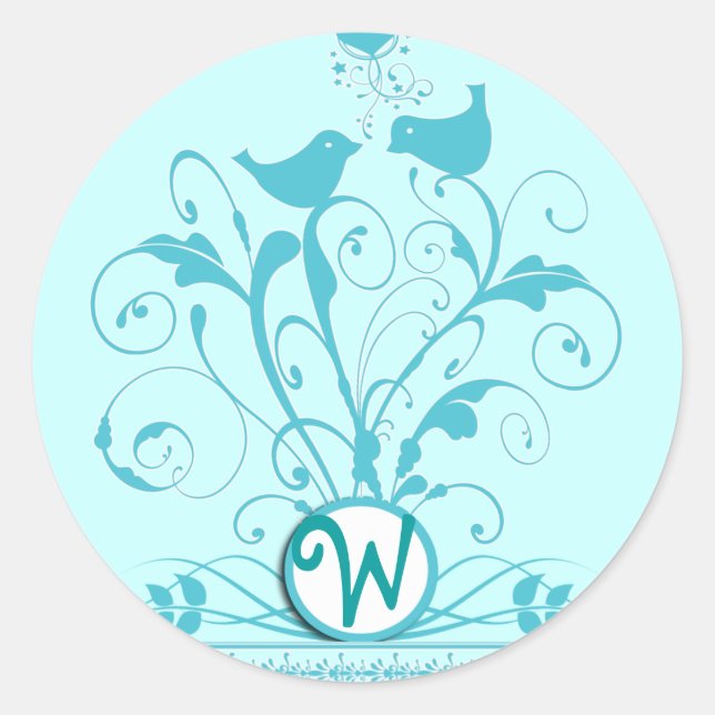 Pegatina Redonda Monograma Boda Aves Corazones Swirls Aqua Blue (Anverso)