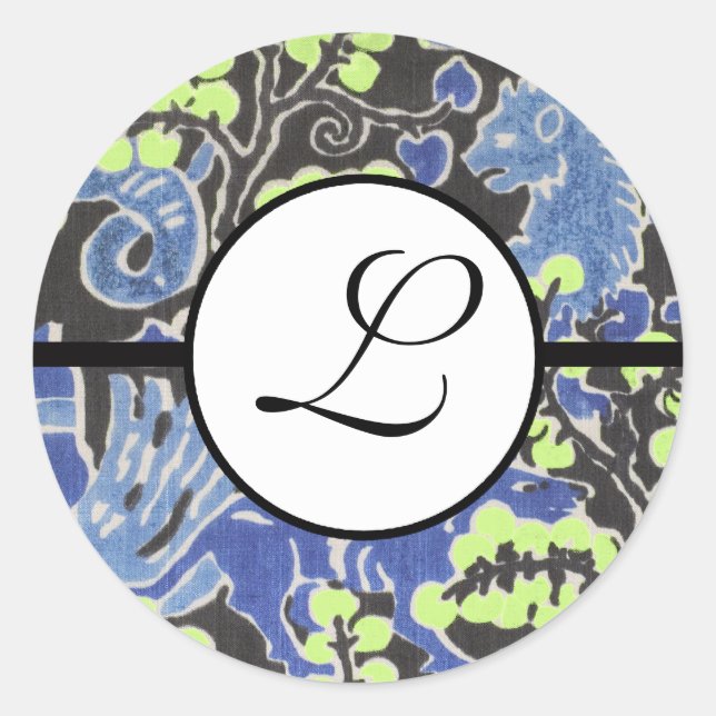 Pegatina Redonda Monograma Boda Brita Fronteras Azules (Anverso)