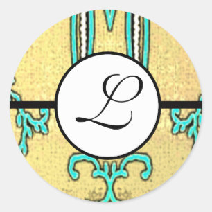 Pegatina Redonda Monograma Boda Brite Aqua Fronteras Azules
