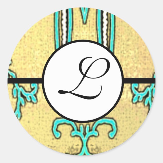 Pegatina Redonda Monograma Boda Brite Aqua Fronteras Azules (Anverso)