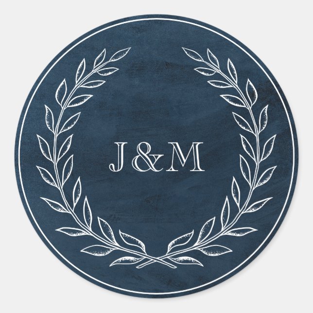 Pegatina Redonda Monograma Boda de acuarela elegante de la Marina (Anverso)