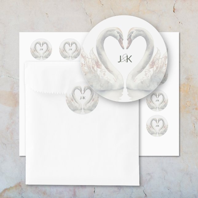 Pegatina Redonda Monograma Boda de cisnes románticos (Romantic Swans Wedding Couple Monogram Classic Round Sticker)