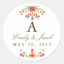 Pegatina Redonda Monograma Boda de Flores de País