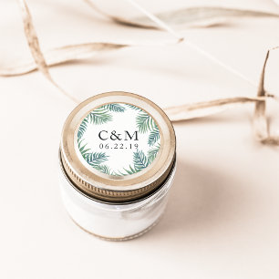 Pegatina Redonda Monograma Boda de follaje tropical