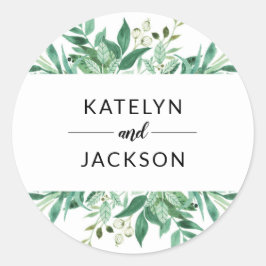 Pegatina Redonda Monograma Boda de marco botánico de follaje fresco