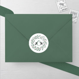 Pegatina Redonda Monograma Boda de Wreath Evergreen