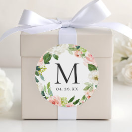 Pegatina Redonda Monograma Boda Fecha Rubor Floral Rosa