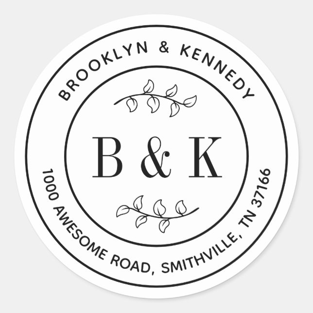 Pegatina Redonda Monograma Boda floral Nombre de la pareja Direcció (Anverso)