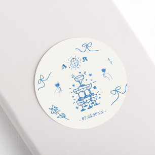 Pegatina Redonda Monograma Boda francés con disco de mano dibujado 