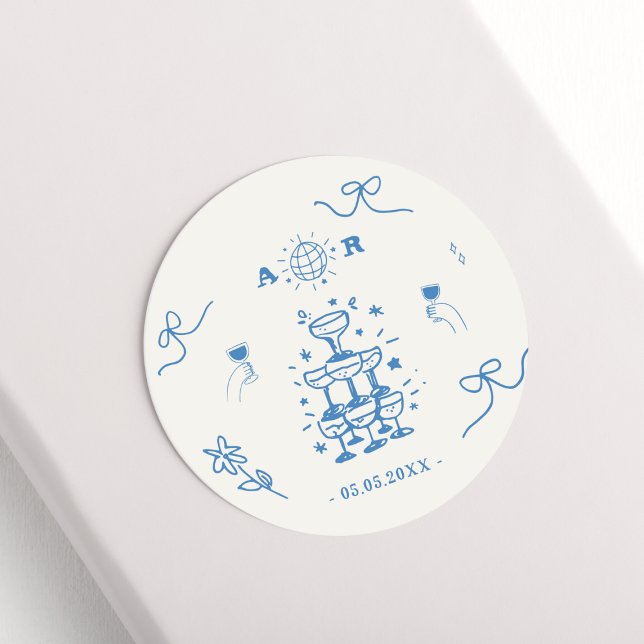 Pegatina Redonda Monograma Boda francés con disco de mano dibujado  (Subido por el creador)