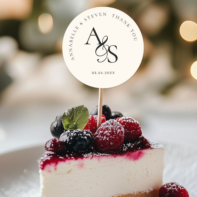 Pegatina Redonda Monograma, Boda Gracias (Personalized, Elegant, Classic, Monogram, Beige, "Thank You" Wedding Sticker.)