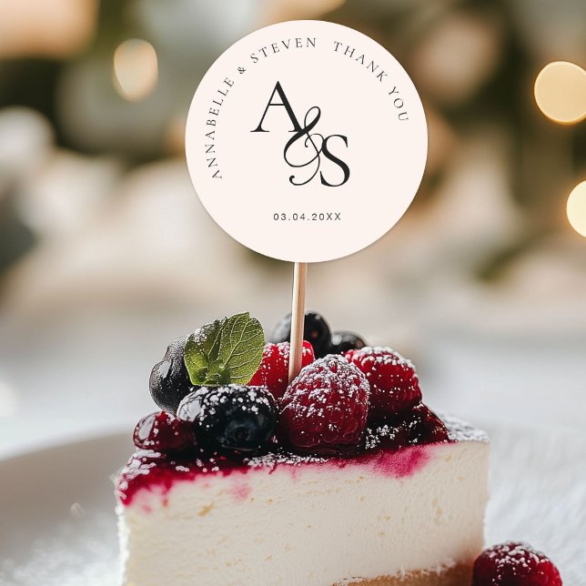 Pegatina Redonda Monograma, Boda Gracias (Personalized, Elegant, Classic, Monogram, Blush-Beige, "Thank You" Wedding Sticker.)