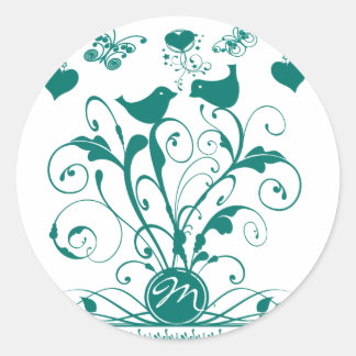 Pegatina Redonda Monograma Boda Pájaros Corazones Swirls Deep Aqua