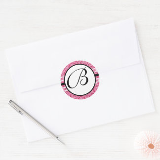 Pegatina Redonda Monograma Boda Raspberry Damask