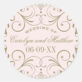 Pegatina Redonda Monograma Boda rosa | Florecimiento del Oro Antigu
