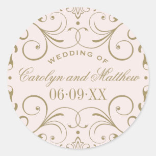 Pegatina Redonda Monograma Boda rosa Florecimiento del Oro Antigu