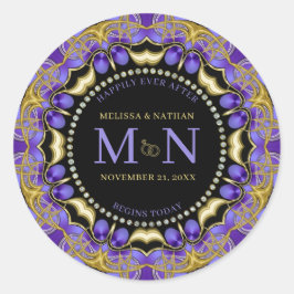 Pegatina Redonda Monograma Boda único de encaje de diamante de oro 