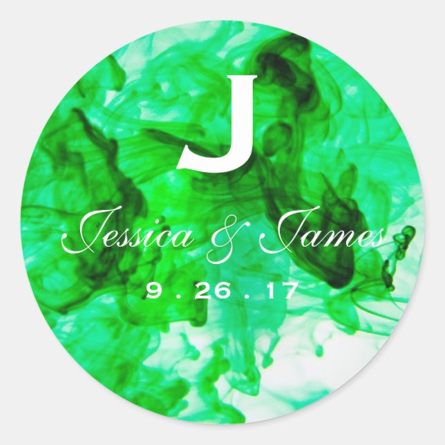 Pegatina Redonda Monograma Boda verde (Anverso)