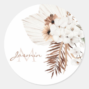Pegatina Redonda Monograma Boho Brown Pampas Grass White Orchigram