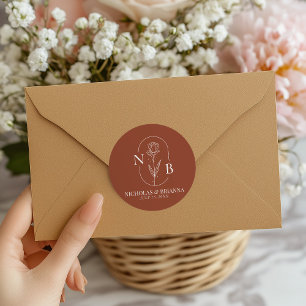 Pegatina Redonda Monograma Boho Terracotta Naranja quemado Boda