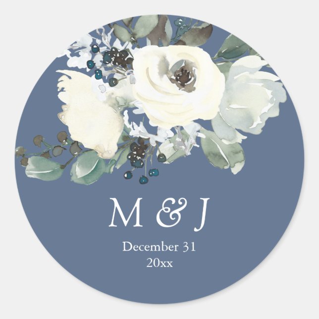Pegatina Redonda Monograma Botánico Azul y Blanco Polvoriento- Azul (Anverso)