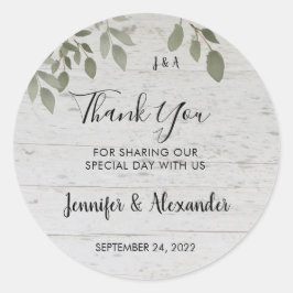 Pegatina Redonda Monograma botánico de madera rústica Gracias boda