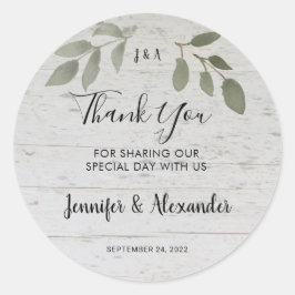 Pegatina Redonda Monograma botánico de madera rústica Gracias boda
