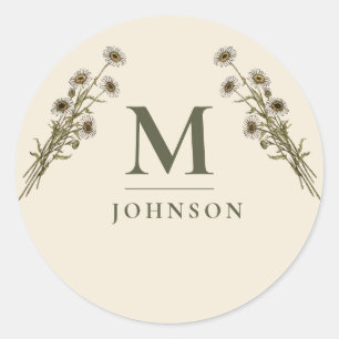 Pegatina Redonda Monograma Botánico Floral Vintage Personalizado