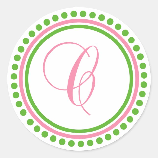 Pegatina Redonda Monograma C (Círculo de puntos rosa claro / verde) (Anverso)
