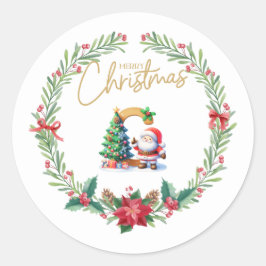 Pegatina Redonda Monograma C, Navidades Wreath con Santa Claus