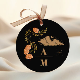 Pegatina Redonda Monograma Celestial Midnight Boda de Estrellas Neg