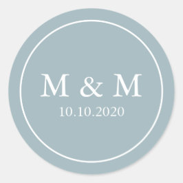 Pegatina Redonda Monograma Clásico de Boda Elegante Azul Dusty