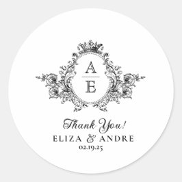 Pegatina Redonda Monograma clásico Escudo Boda blanco y negro