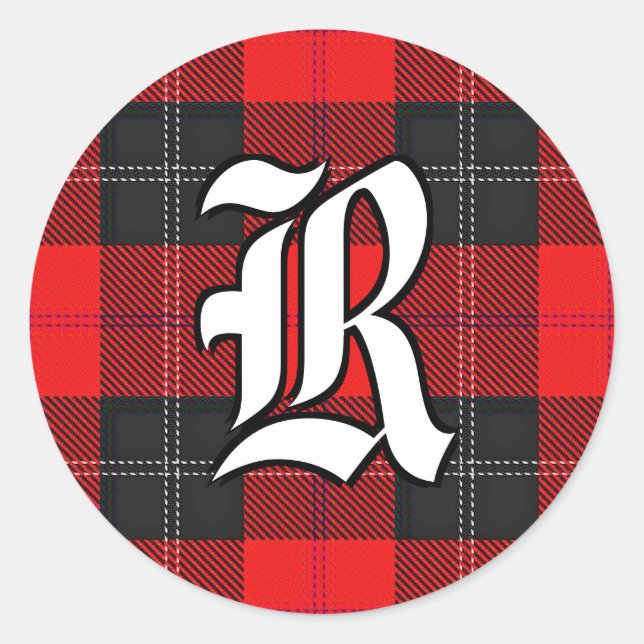 Pegatina Redonda Monograma clásico Ramsay Tartán rojo y negro (Anverso)