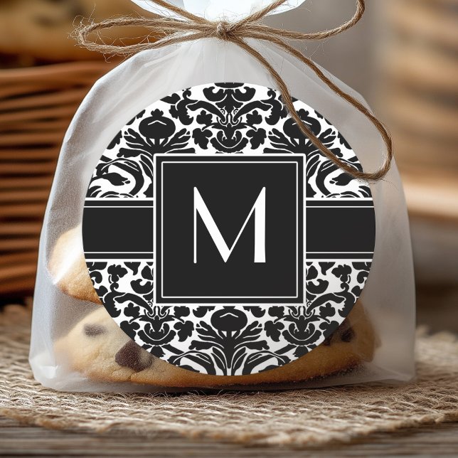 Pegatina Redonda Monograma con damasco negro y blanco (Personalized Sticker)