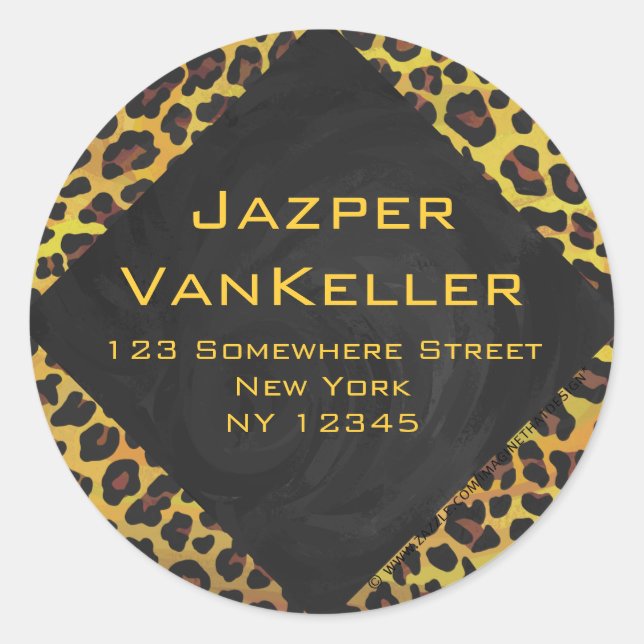 Pegatina Redonda Monograma con leopardo marrón y amarillo (Anverso)