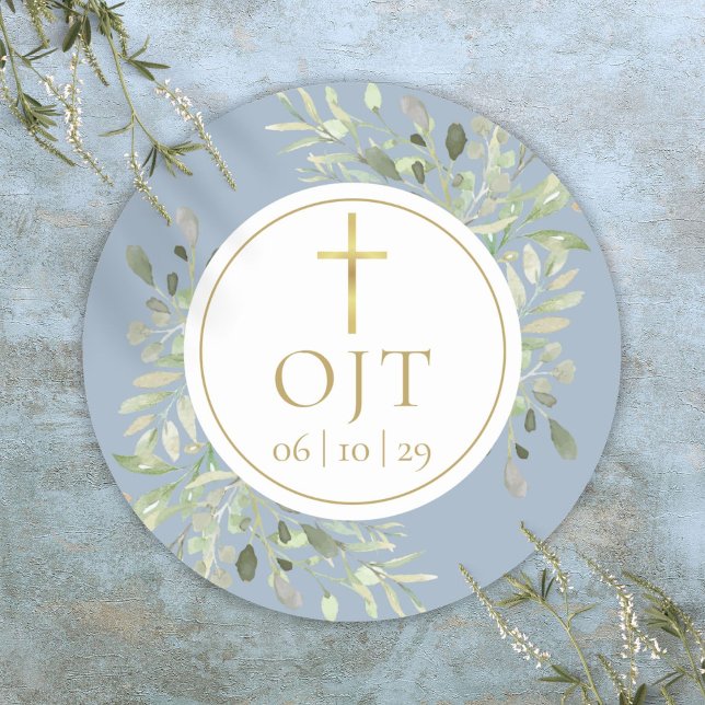 Pegatina Redonda Monograma cruzado de oro Iniciales Verdor Dusty Az (Gold Cross Monogram Initials Greenery Dusty Blue Classic Round Sticker)