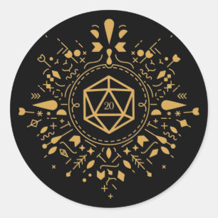 Pegatina Redonda Monograma D20 Dice Fantasy Tabletop RPG