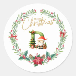 Pegatina Redonda Monograma D, Navidades Wreath con Santa Claus