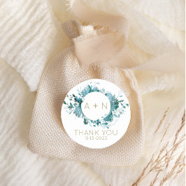 Pegatina Redonda Monograma de acuarela agada verde azulada y dorada