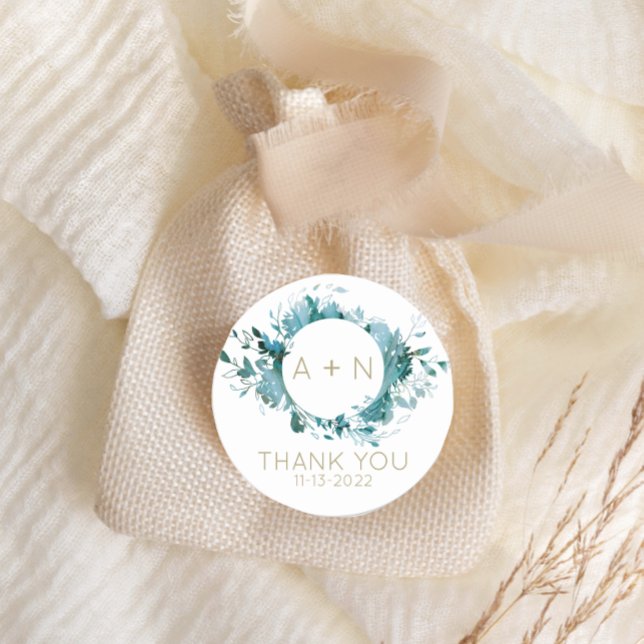 Pegatina Redonda Monograma de acuarela agada verde azulada y dorada (Subido por el creador)