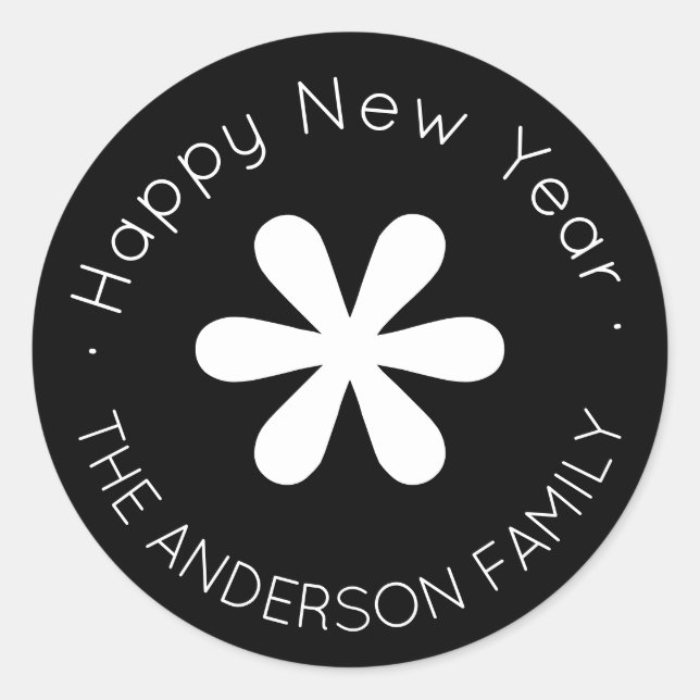 Pegatina Redonda Monograma de Año Nuevo Feliz | Negro (Anverso)